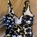 New womens black and white floral print One Piece Swimsuit medium ruched