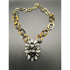 Tortoise Shell Acrylic Loops J CREW Statement Necklace Large Rhinestone Pendant