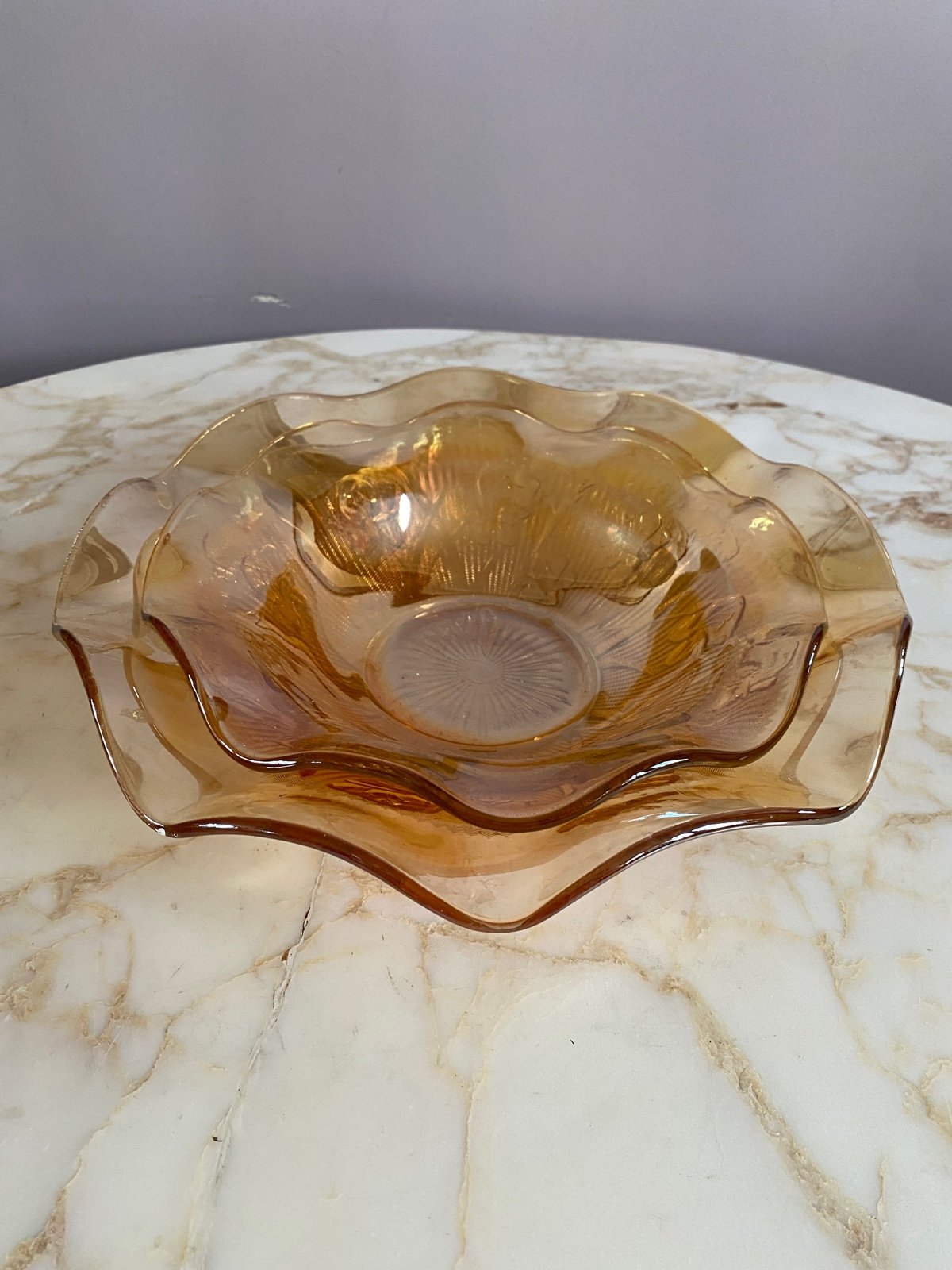 Vintage Amber/Marigold Iridescent ripple edged large and medium matching bowls.