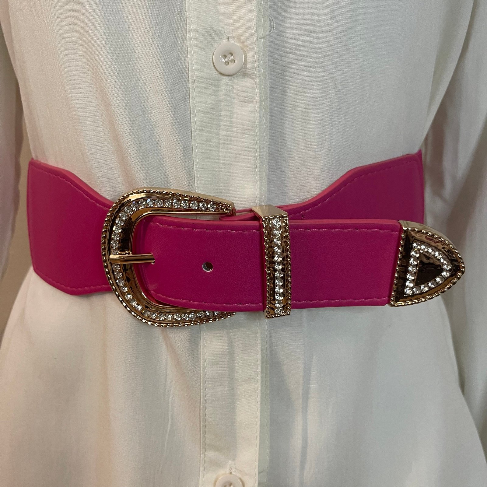 Pink PU leather gold tone buckle with rhinestones elastic waistband belt