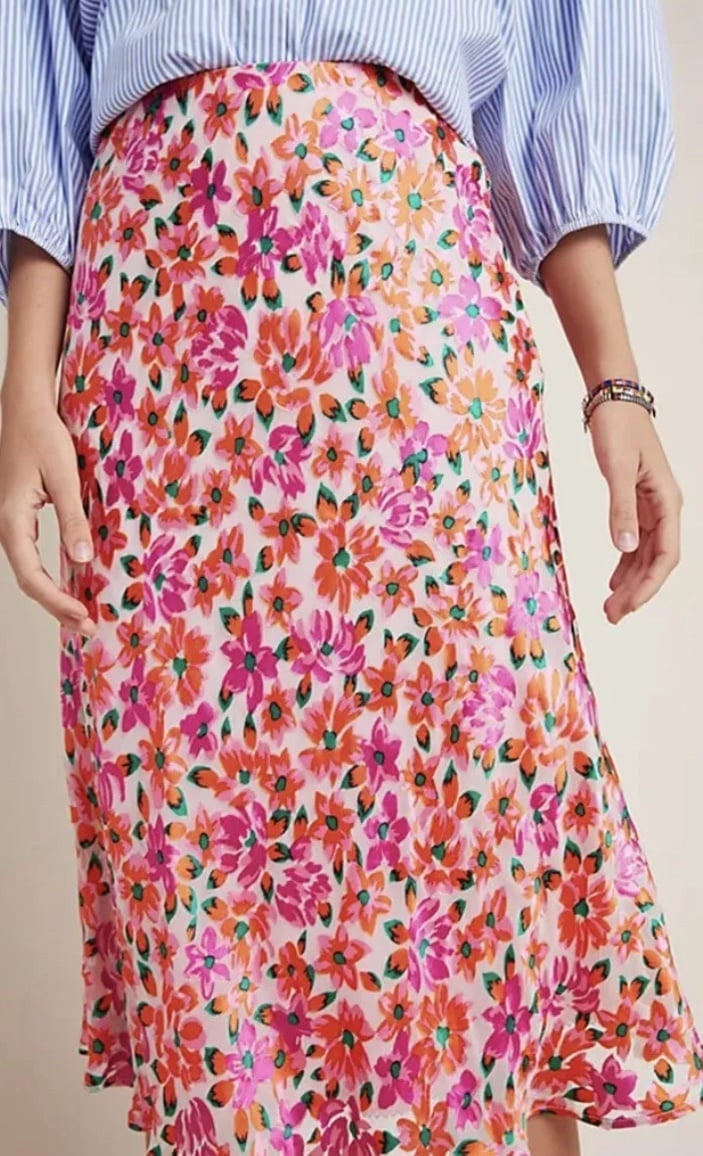Bright pink floral Anthropolgie midi slip skirt