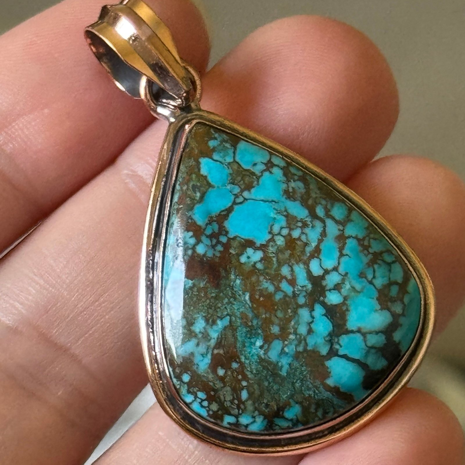 Turquoise Gemstone Handmade Jewelry Pure Copper Necklace Pendant - 10.7grams