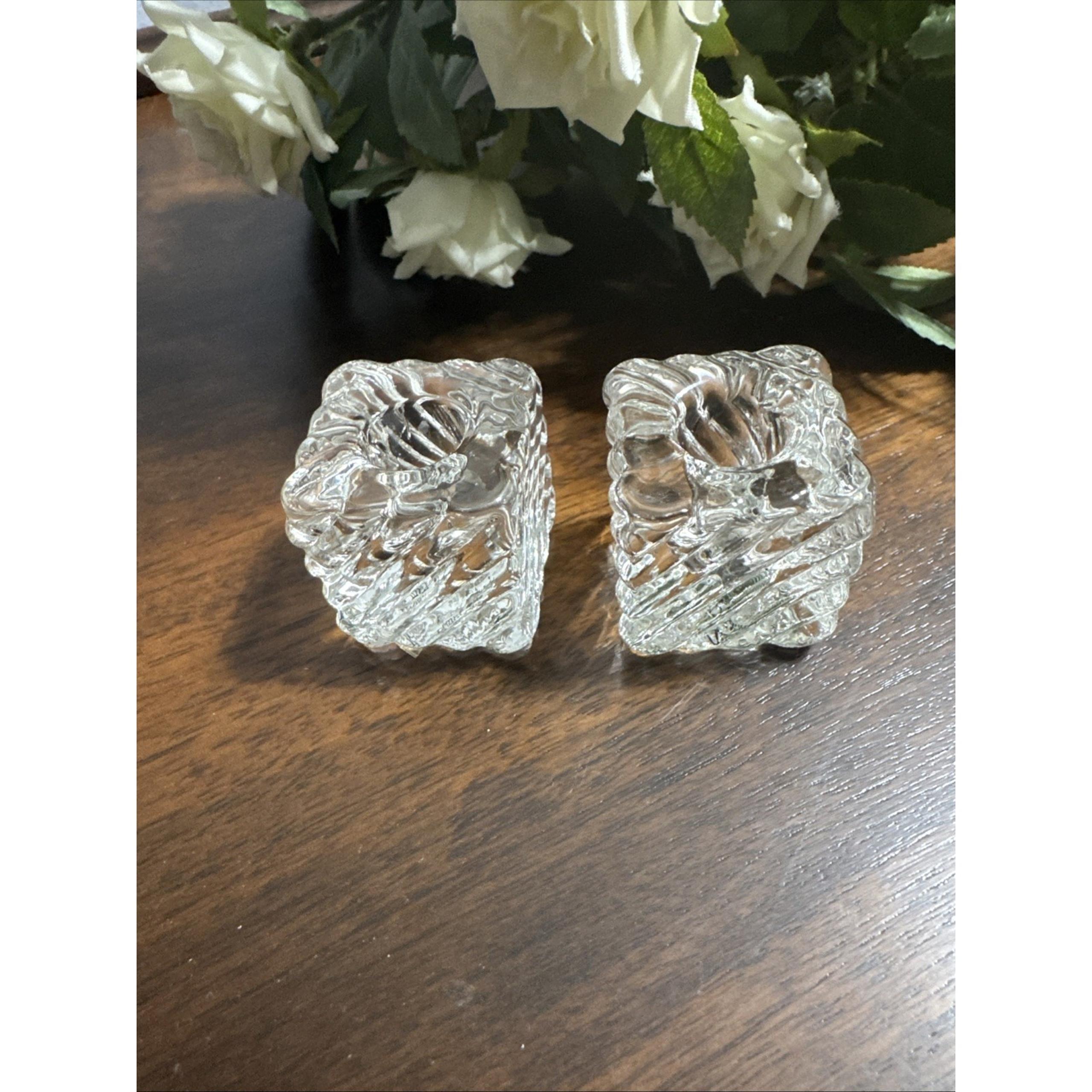 VTG Set Of 2 Glass Mini Taper Candle Holder Postmodern 80s Deco Ice Cube Glass