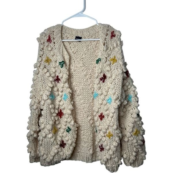 Saachi Chunky Popcorn Knit Open Front Grandmacore Cardigan Size M Multicolor