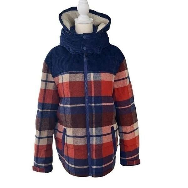 Wrangler Men's Plaid Corduroy Hooded Puffer Jacket Brown & Blue Size XL