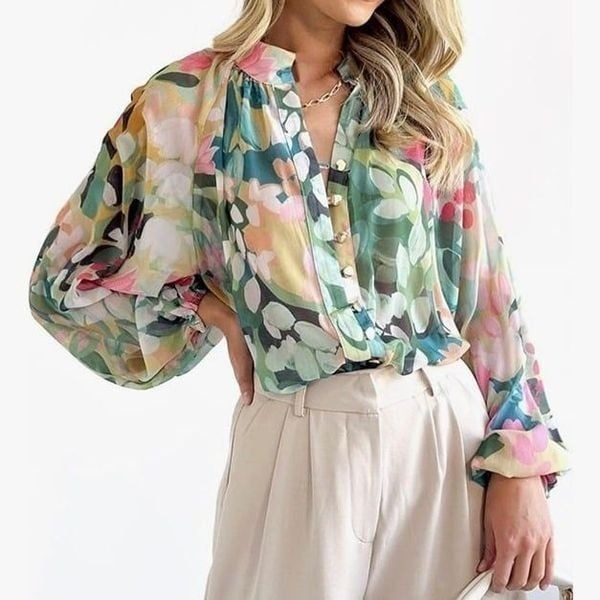 Chiffon Floral Pastel Button Down Blouse