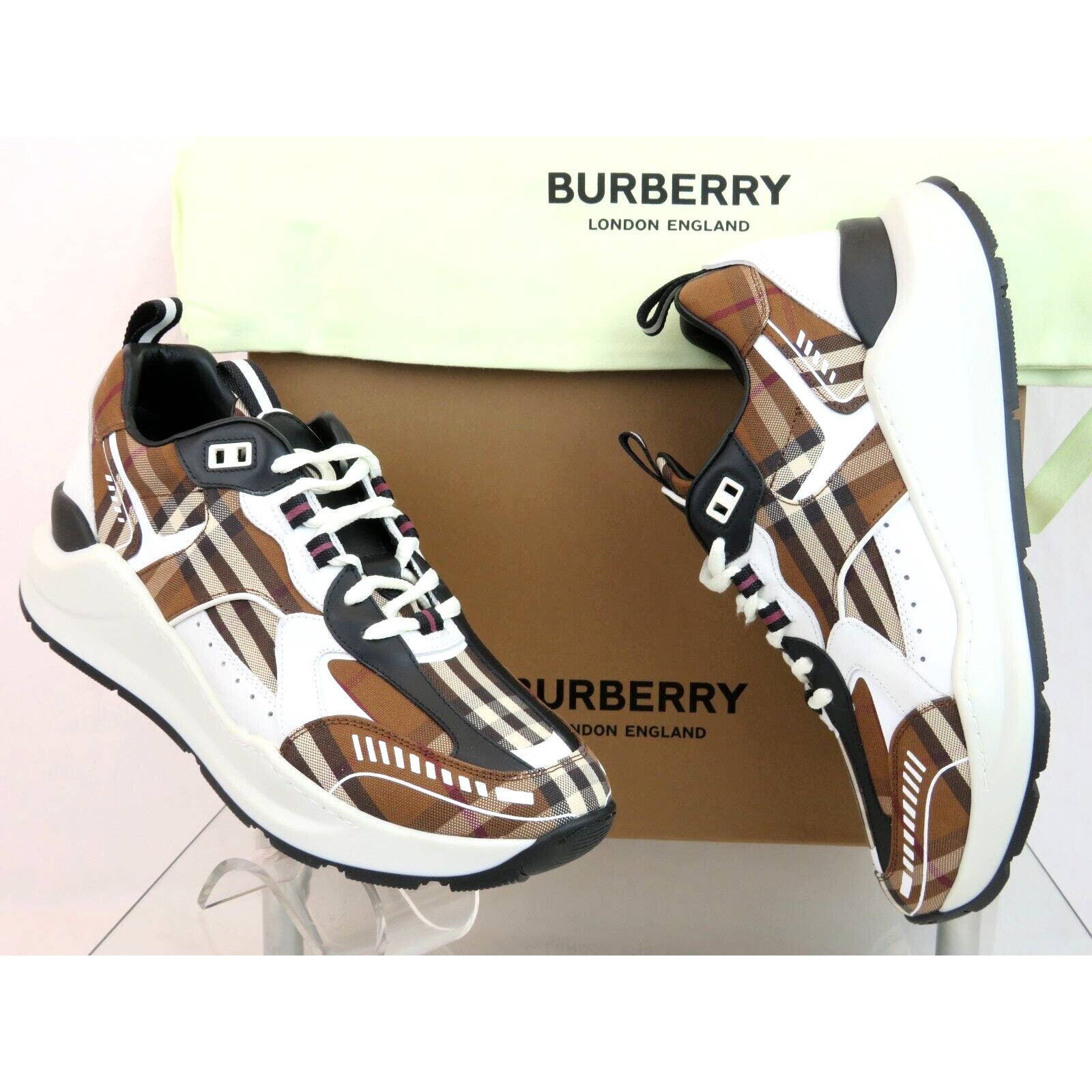 870 BURBERRY SEAN BROWN CHECK CANVAS WHITE BLACK LEATHER LOGO SNEAKERS 42 US 9
