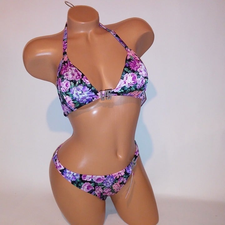 Victoria Secret Swim Bikini Large Top & Bottom Floral Cottage Core Bling Logo Tr