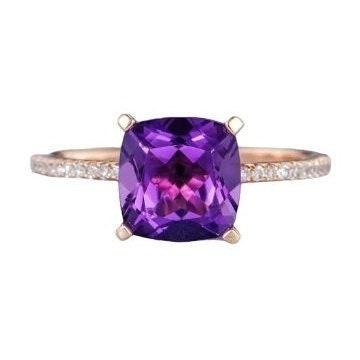 3.65Ct Natural Cushion Purple Amethyst & Diamond Solitaire Ring 14k Rose Gold