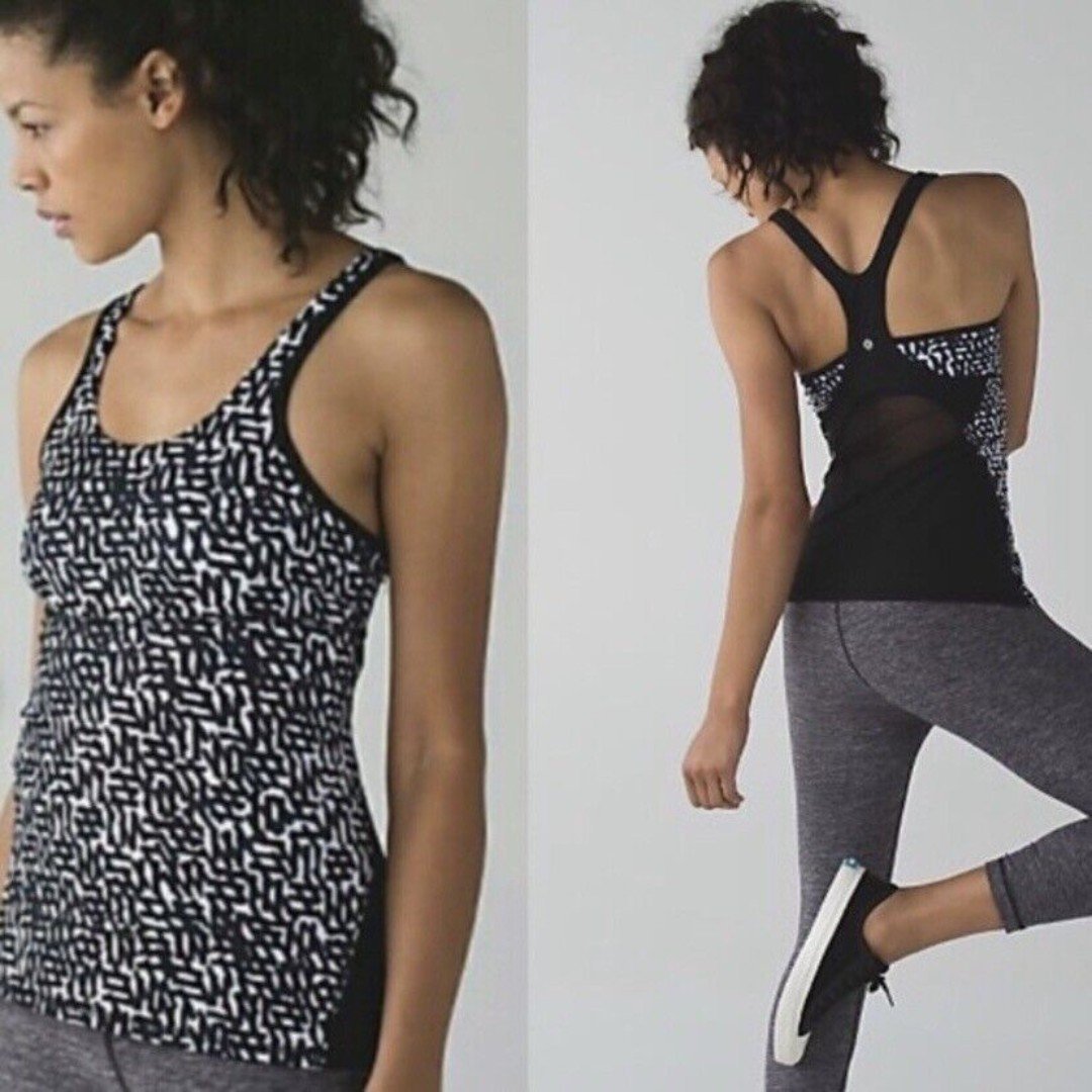 LULULEMON Crossback Tank II Net Pop Women's Size 4 Mesh Back White Black Print