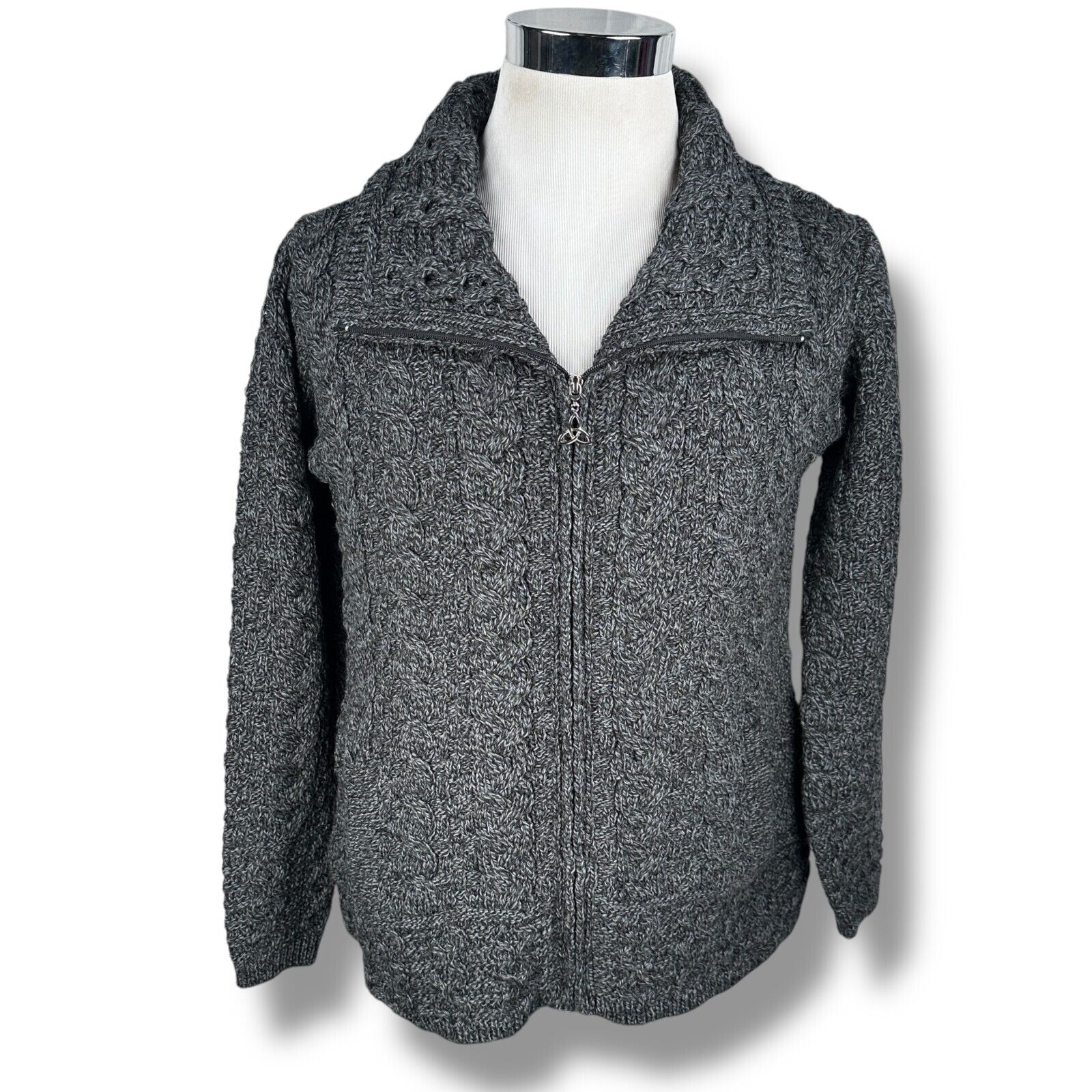 Aran Crafts Cardigan Sweater Womens Small Gray Cable Knit Double Collar Zip New