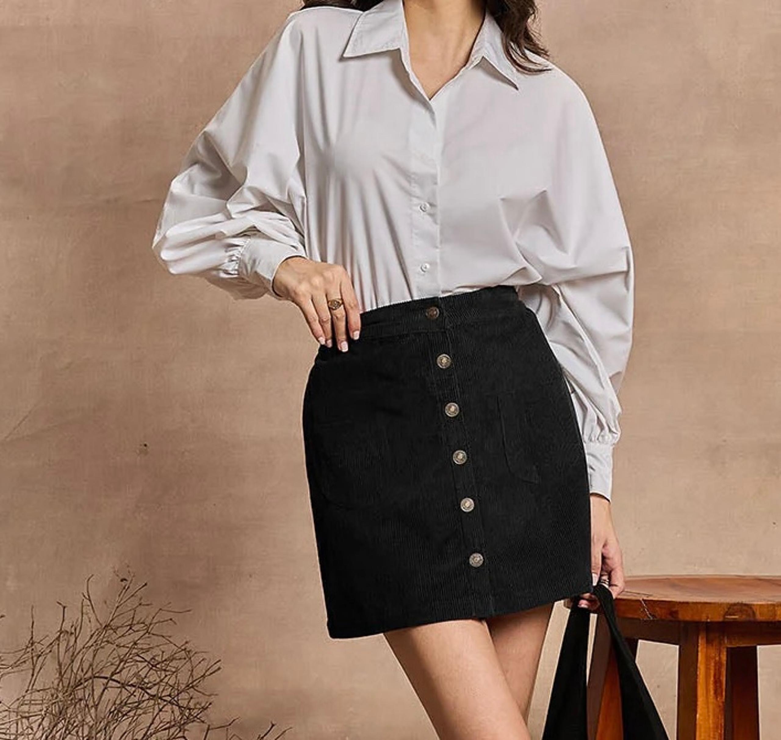 Tobi Black Snap Button-Front Corduroy Mini Skirt