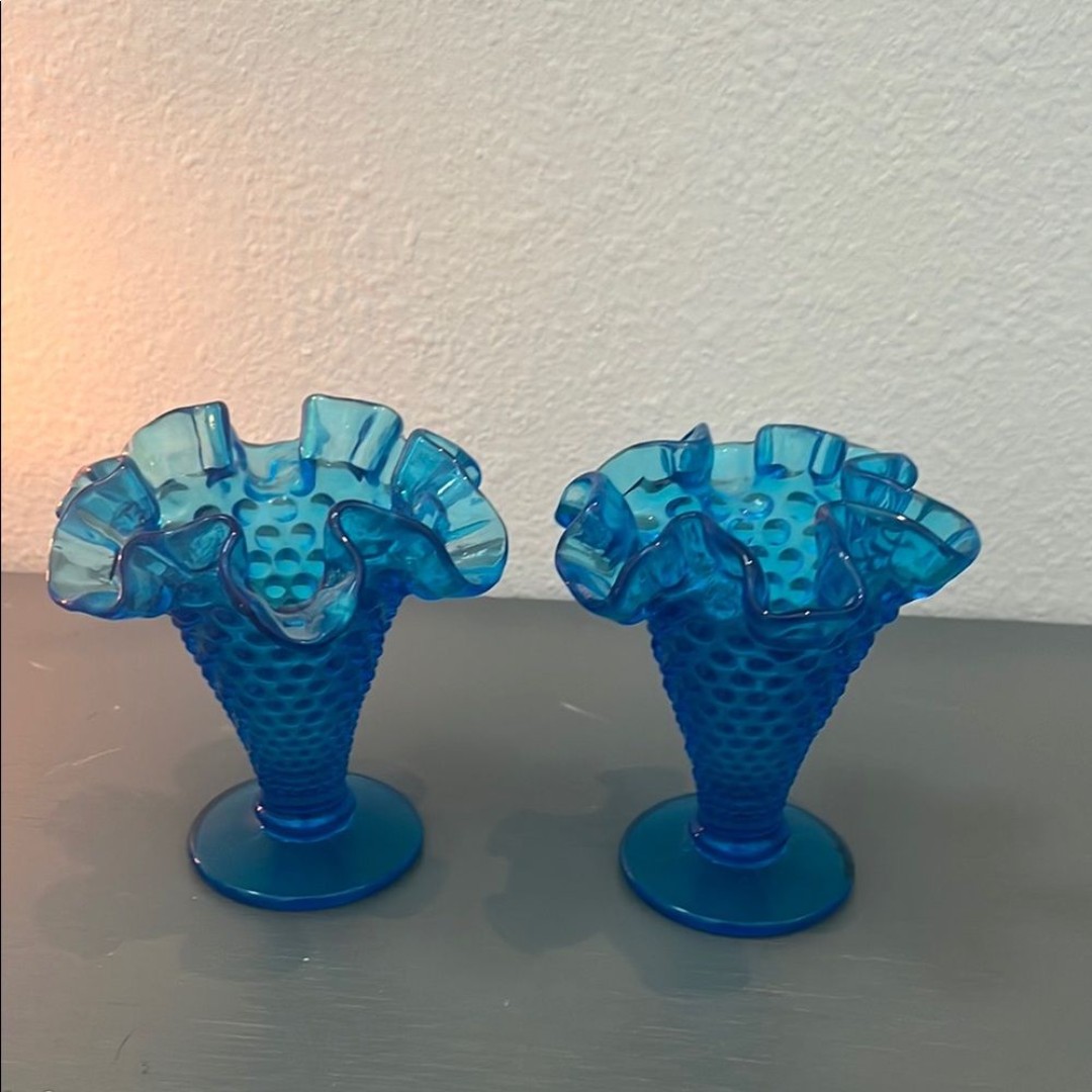 Fenton Vintage Blue Hobnail Glass Ruffled Vase 5 Inch Tall Set of 2