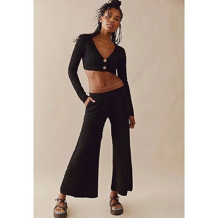 NWT Free People Ziggy Sweater Set Wide Leg Pants Crop Top Cardi FP Beach Black