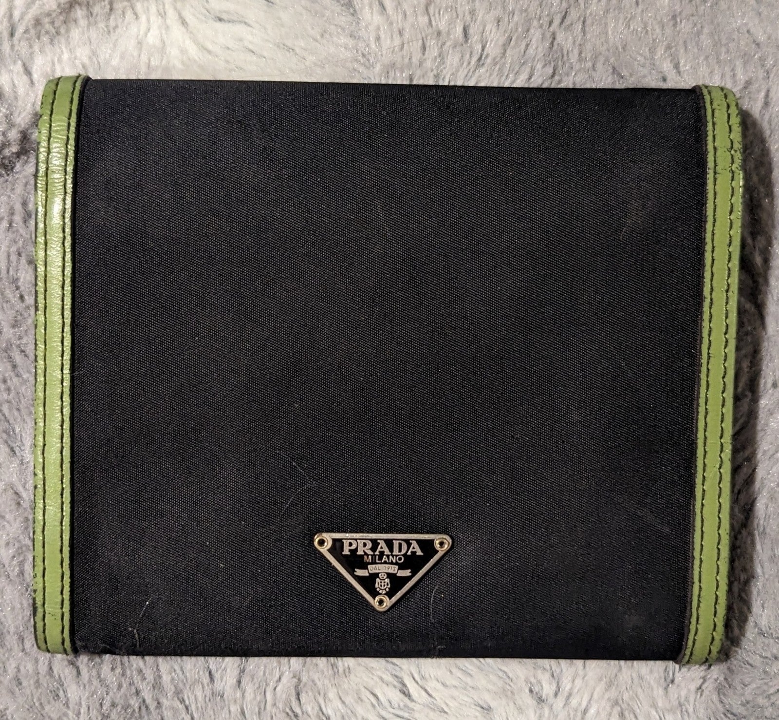 EUC Prada black nylon green trim trifold wallet inside black smooth leather