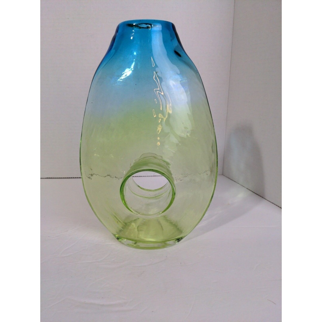 Margie’s Garden Hand Blown Blue-Green Donut Hole Vase 10 7/8”