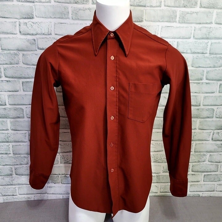 Vintage 70s Male Duds 15.5-34 Rusty Brown Polyester Spread Collar L/S Button Up