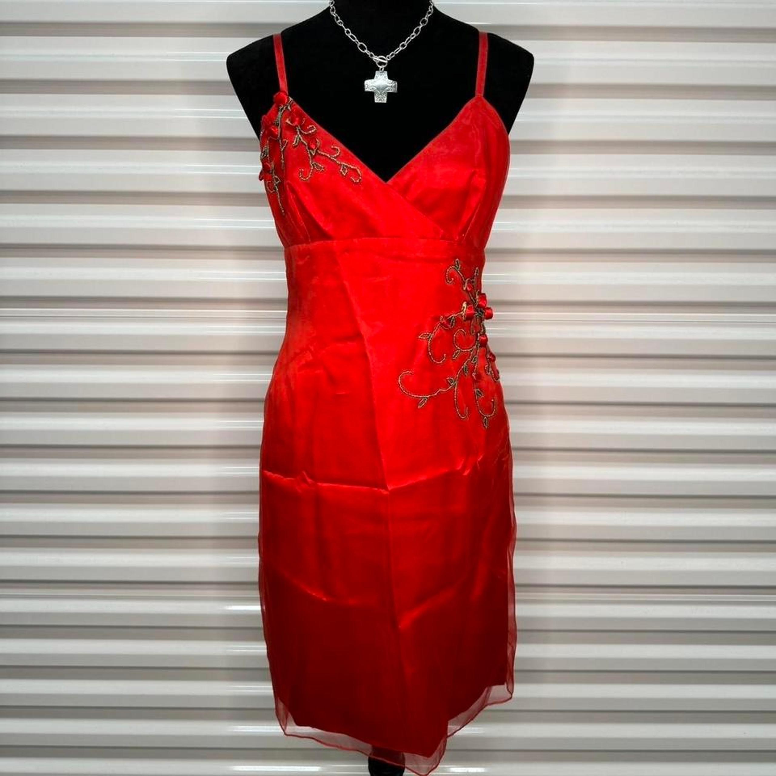 Vintage 90s Papēll Boutique Ruby Red Midi Dress with Beaded Rose Embroidering