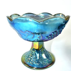 VINTAGE INDIANA BLUE CARNIVAL GLASS CANDLESTICK HOLDERS WITH GRAPE DESIGN
