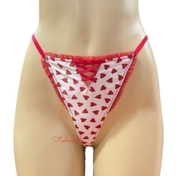 Victorias Secret Dream Angels Sexy Satin Heart Print V string Panty Red White M
