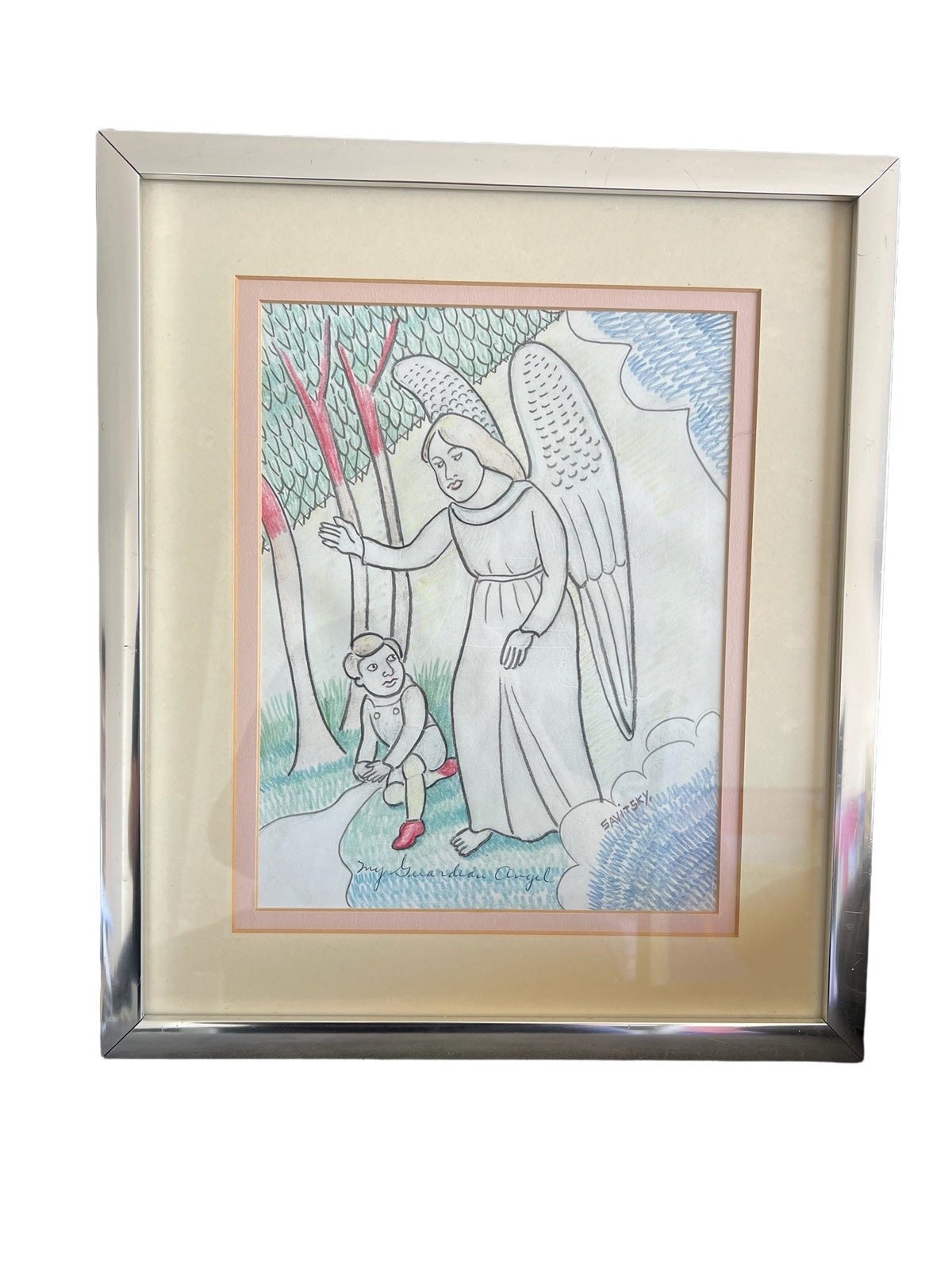 Vintage Savitsky artist drawing My Guardian Angel Signed and Framed.