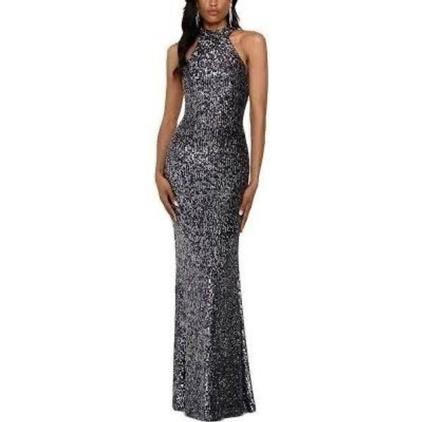 Betsy Adam Women's 4 Sequin Halter Evening Gown Black Metallic Glitz Glam Party