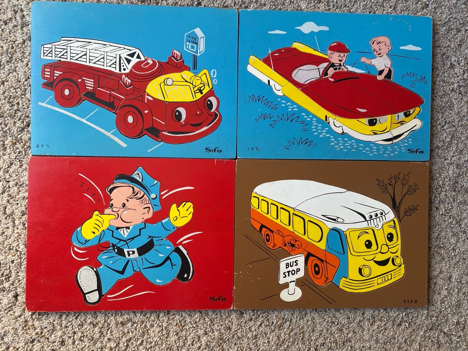 Lot of 4 Vintage SIFO wooden puzzles Car Bus Police Officer Fire Truck
