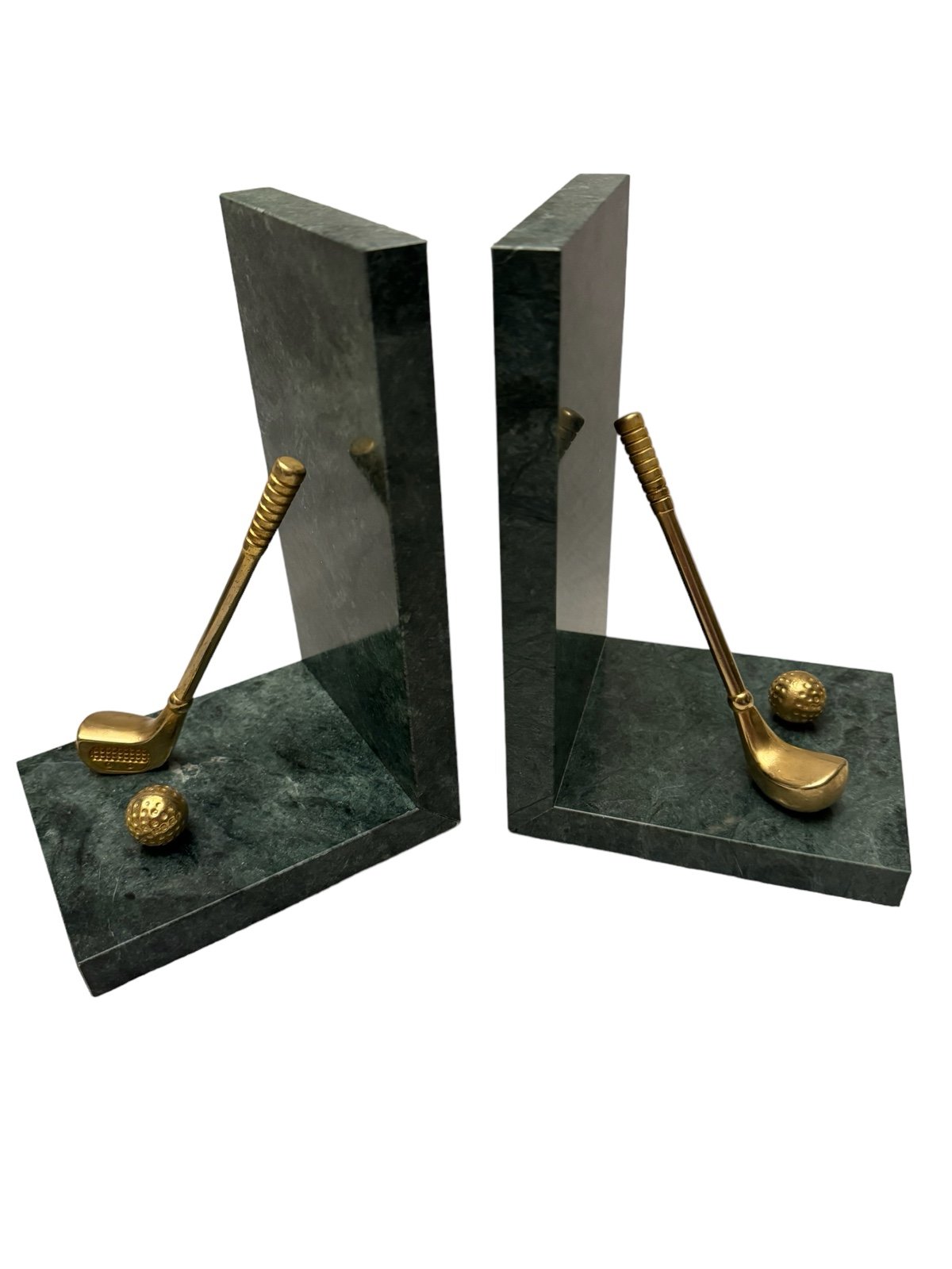 Linco Marble Green Brass Metal Golf Club Sports Bookends Taiwan ROC Set