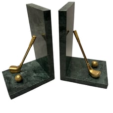 Linco Marble Green Brass Metal Golf Club Sports Bookends Taiwan ROC Set