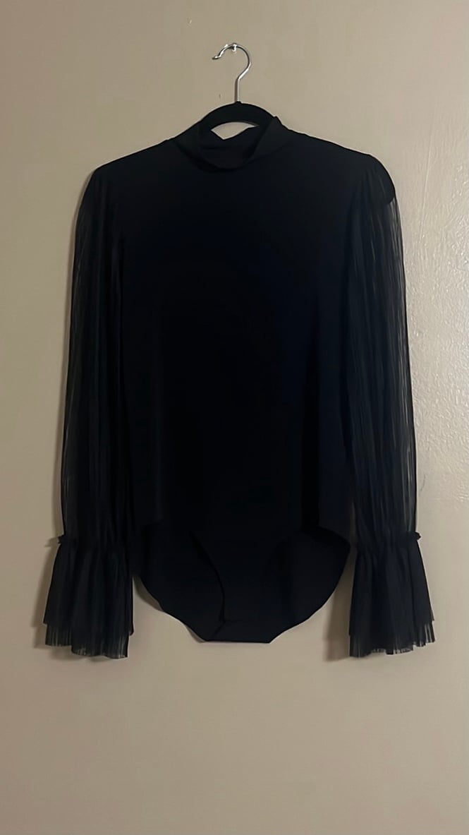 Zara Bodysuit Sz L Ruffle Mesh Semi Sheer Sleeves Stretchy Mock Neck Feminine