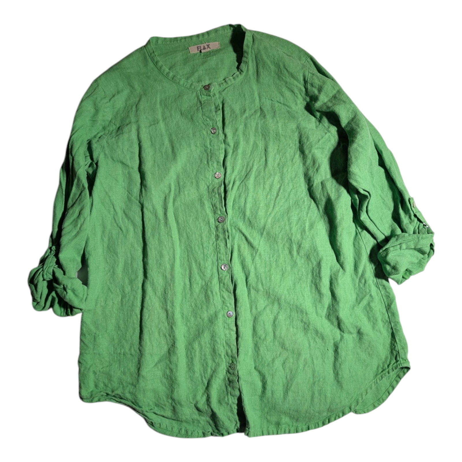Flax Grass Green 100% Linen Button Up Collarless Roll Tab Sleeve Boxy Top Sz M