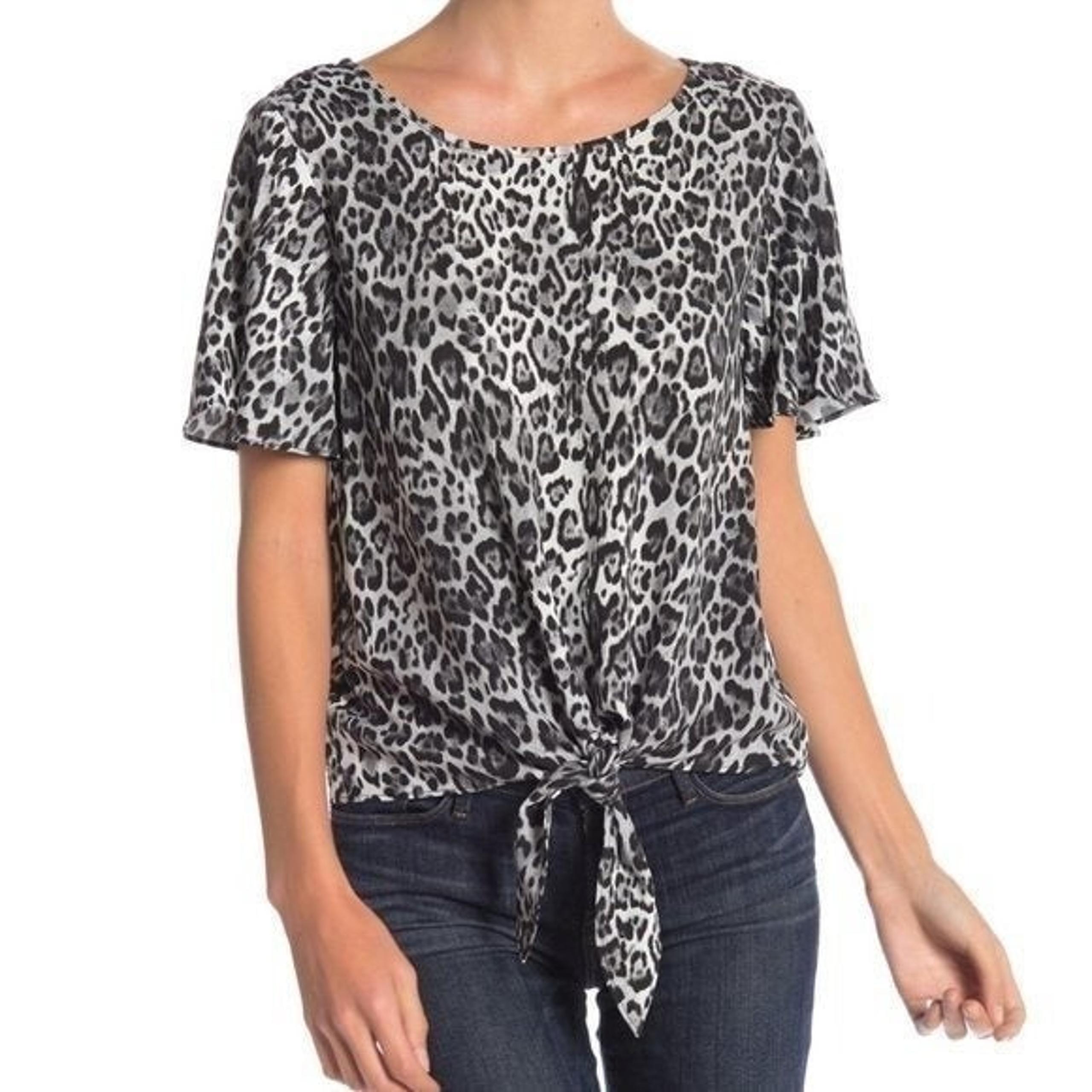 NEW NWT SOCIALITE Tie Blouse Leopard Cheetah Animal Black Gray Short Sleeve Top