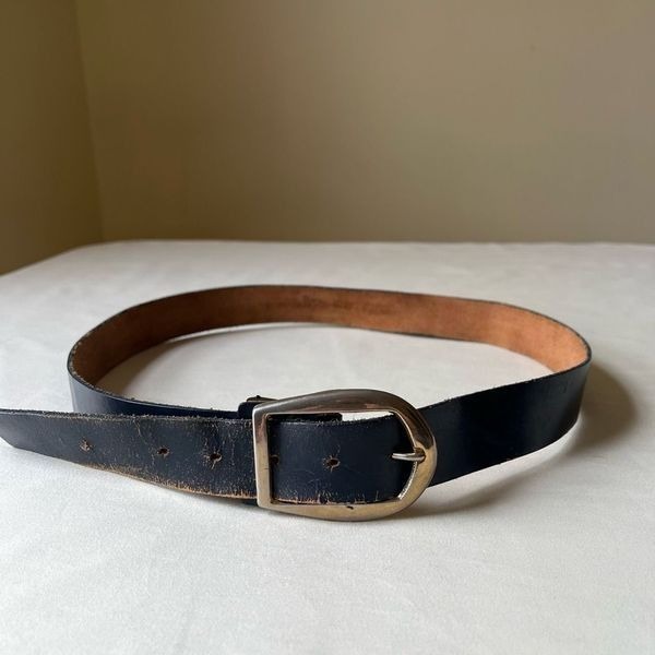 50s Vintage Navy Blue Leather Belt Gold Buckle Worn In Distressed Casual 34