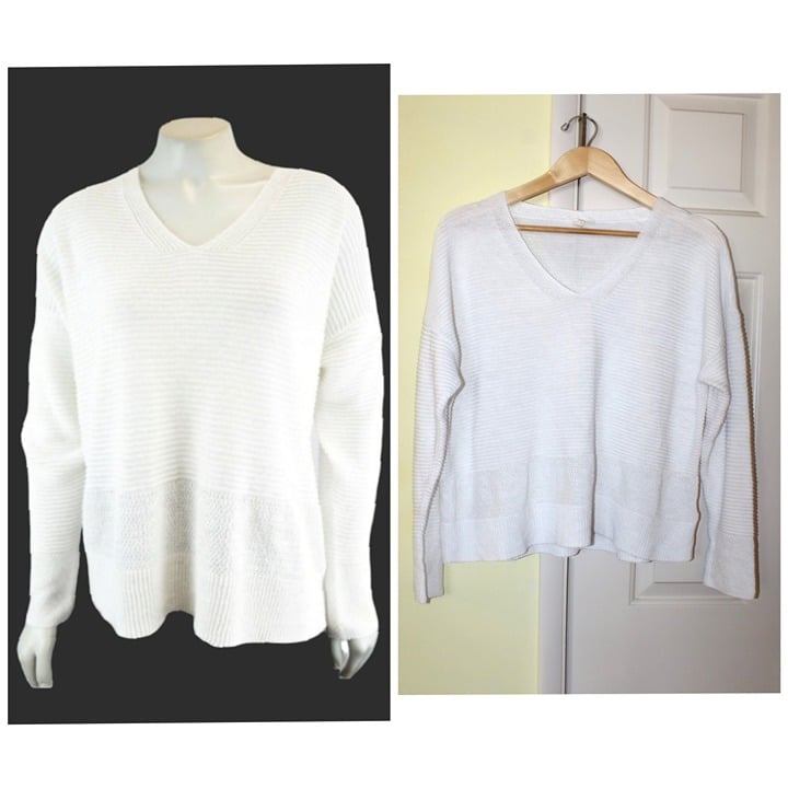 Eileen Fisher 100 Linen White Pull over Women Sweater Size XL Texture Top V Neck