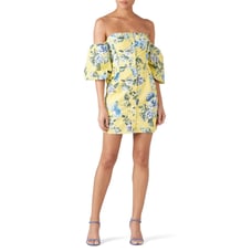 J.O.A. Yellow Floral Balloon Sleeve Off The Shoulder Mini Dress XS