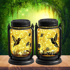 2 Pack Outdoor Hanging Solar Lanterns, Hummingbird Theme Vintage Glass Mason Jar
