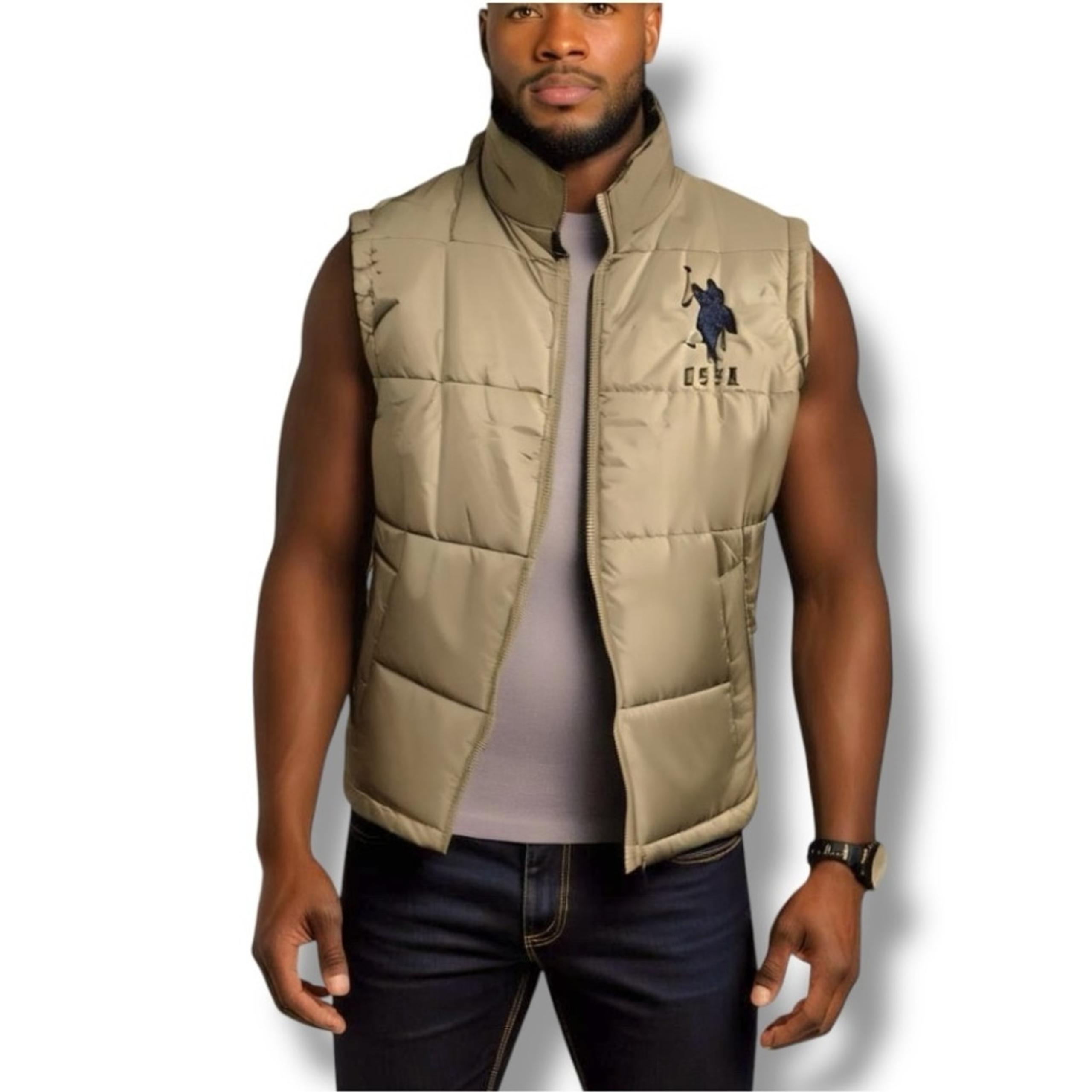 US Polo ASSN. Puffer Vest Men's XXL Zip Up Tan/Khaki and Navy