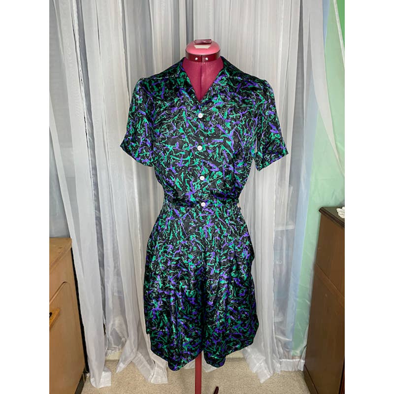 top shorts loungewear set satin abstract 1980s