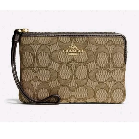 Coach Outline Signature Corner Zip Wristlet F58033 Khaki/Brown