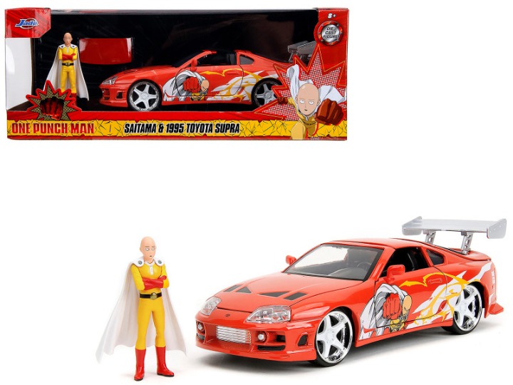 1995 Toyota Supra Red with Graphics and Saitama Diecast Figure One Punch Man