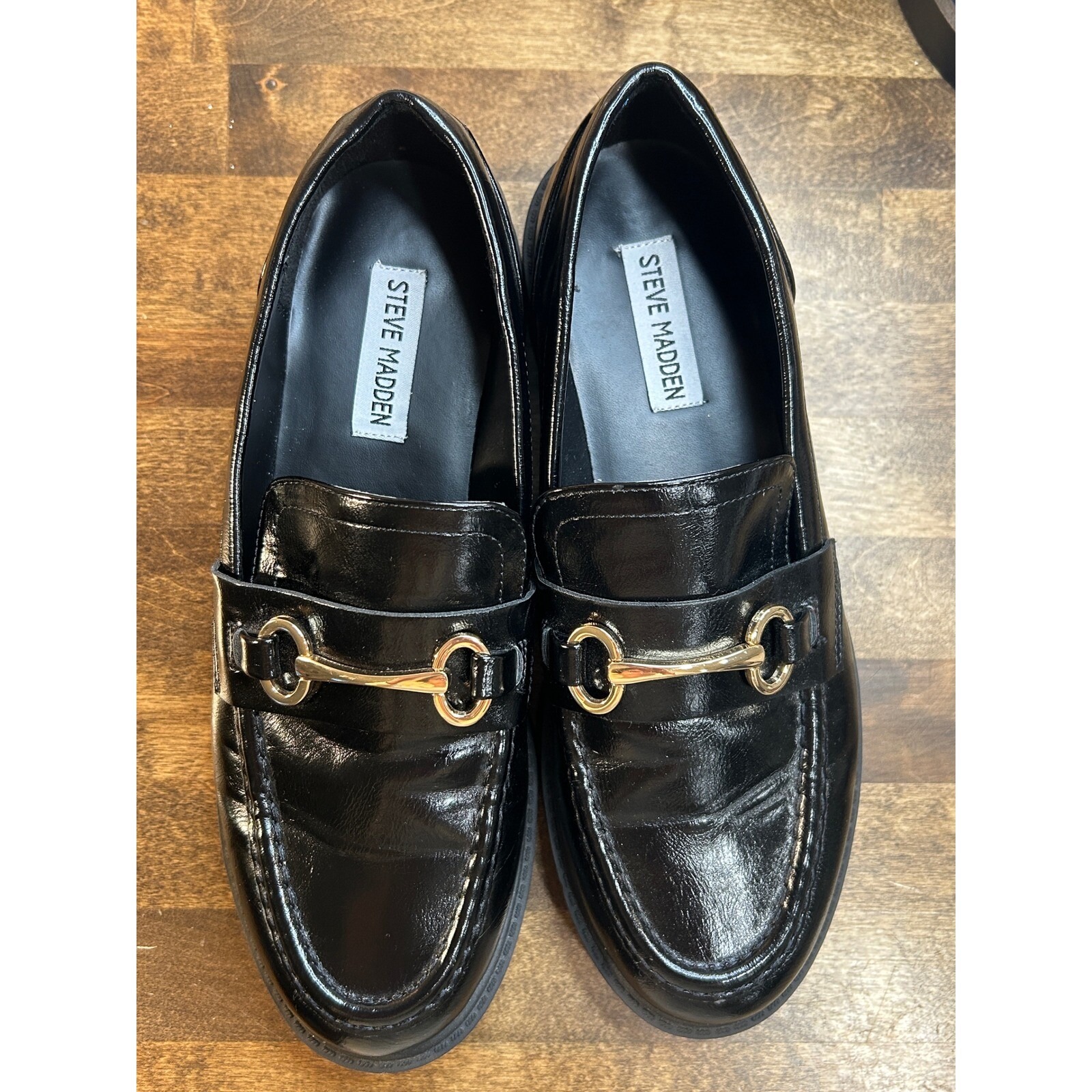 Steve Madden Loafers Lug Sole Platform Gold Hardware Black 8.5M