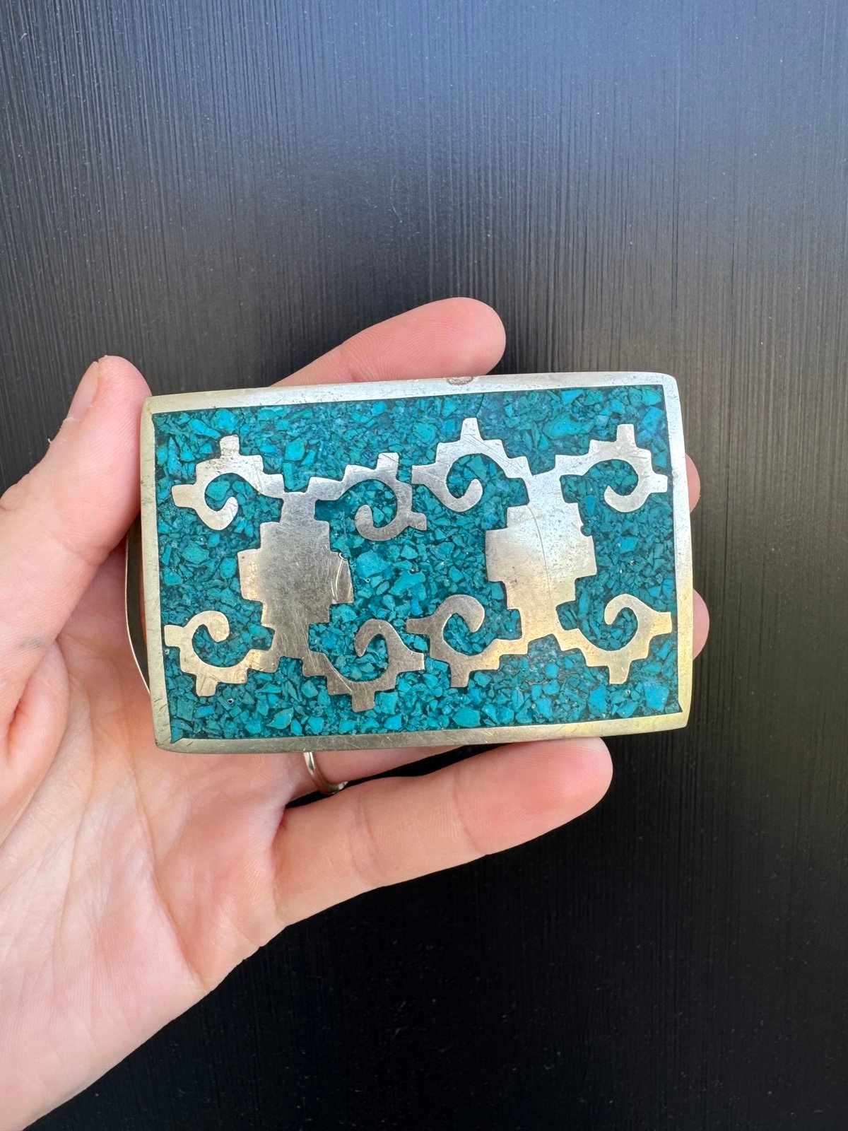 Vintage Mechoen Mexico Silver Turquoise Inlay Belt Buckle