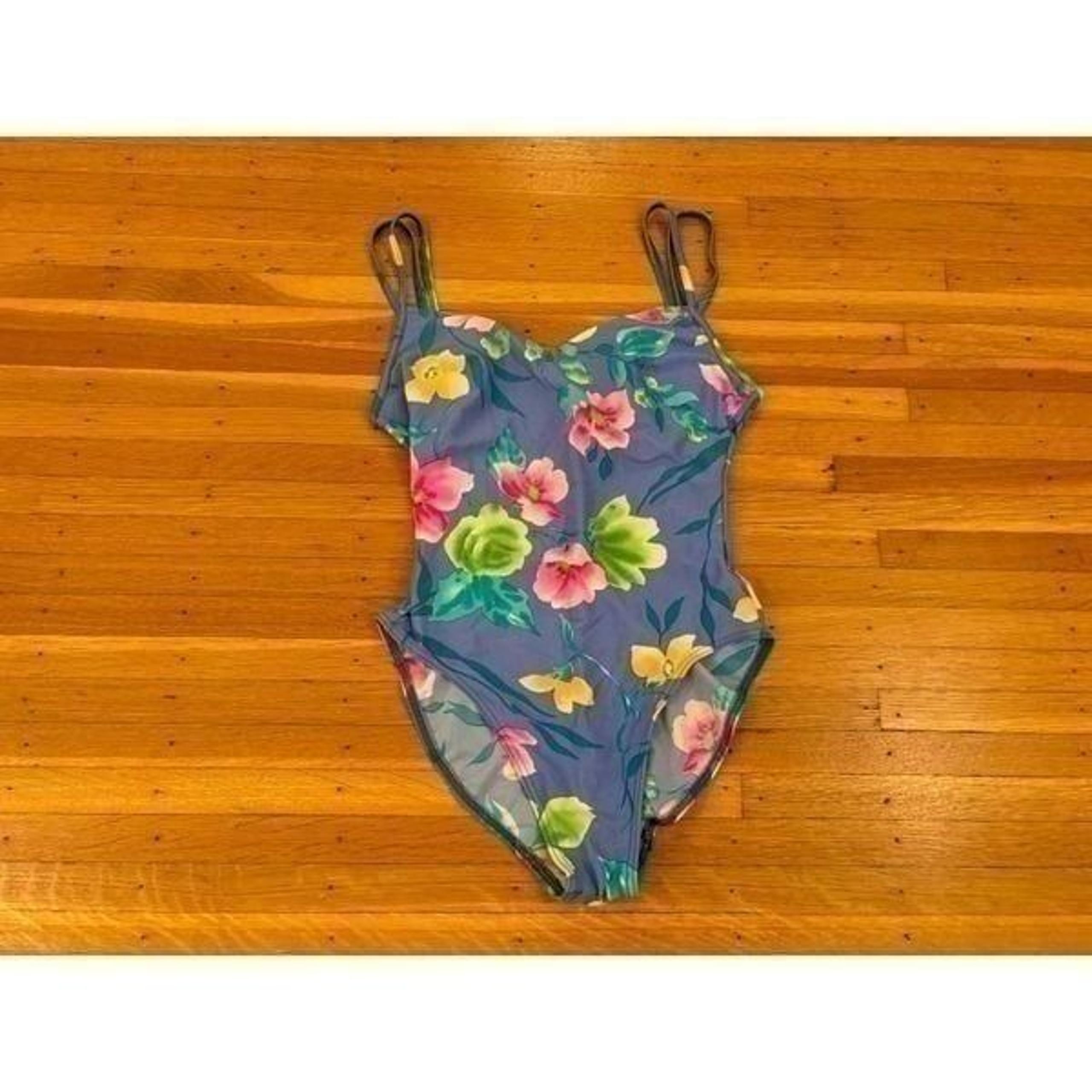 Christina Vintage Blue Floral Tropical One Piece Bathing Suit.