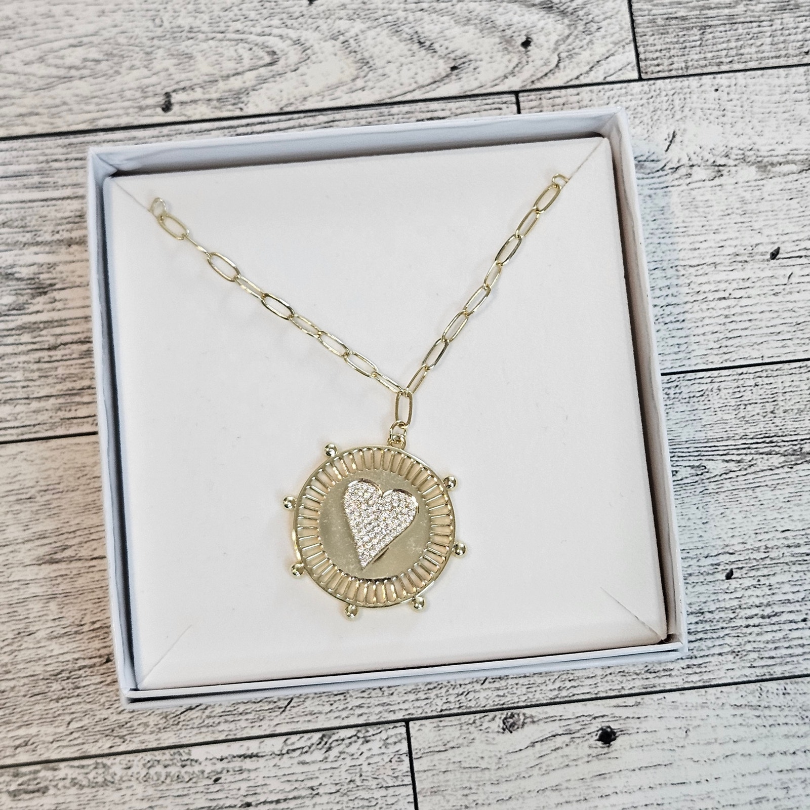 Jennifer Miller Yellow Gold Plated Pave Heart Medallion Necklace Paperclip Chain