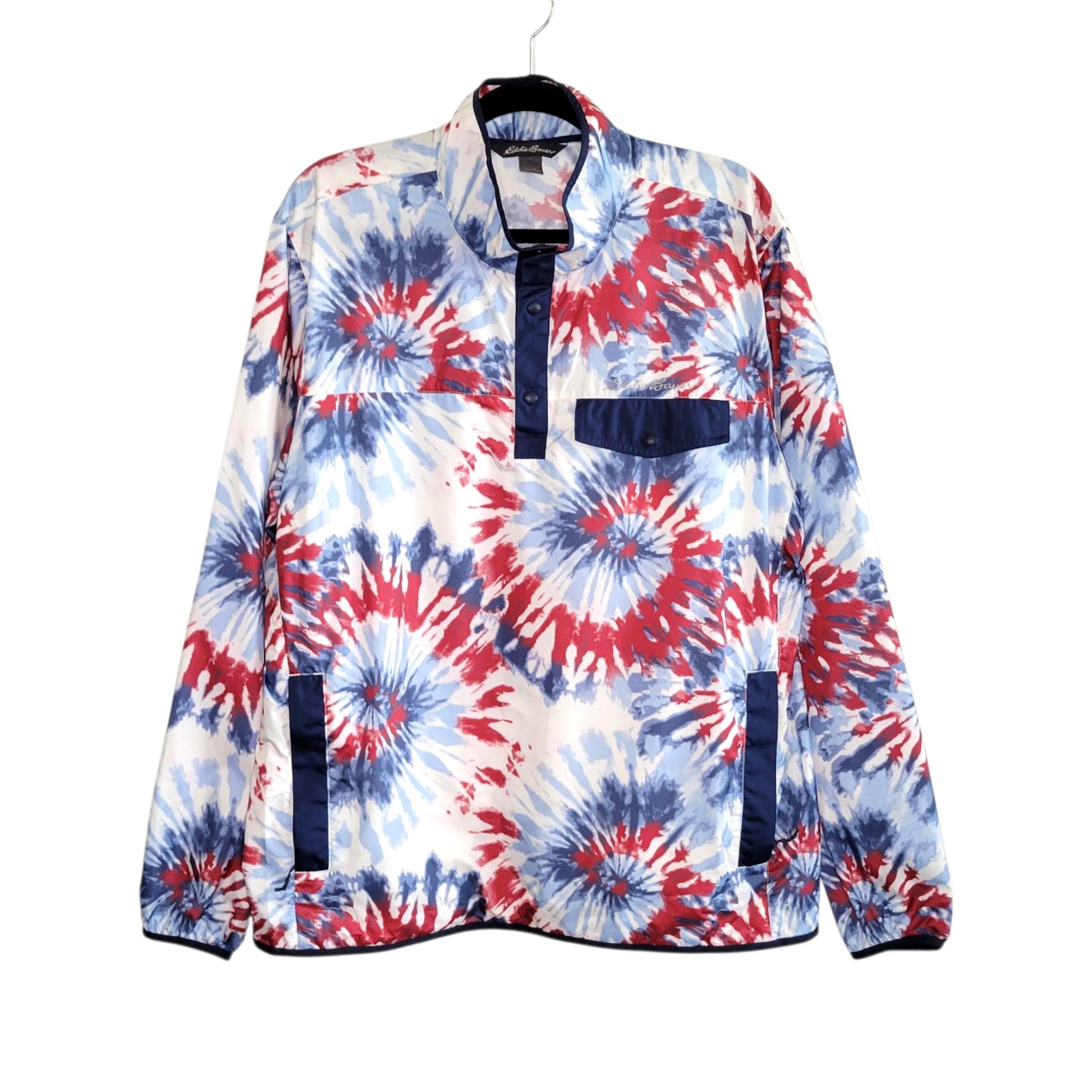 Eddie Bauer Men's Tie Dye Fireworks Pullover Windbreaker Size L Red White Blue