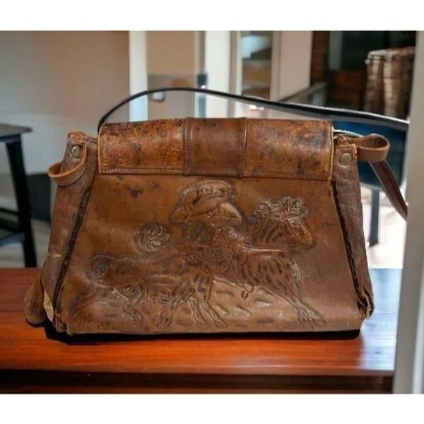 Mexican Heritage Cowboy Roping Lady Print Brown Leather Tooled Purse 14x9 READ