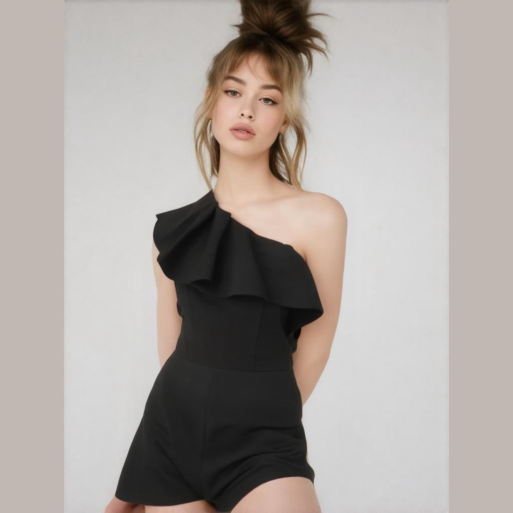 Aqua Black Knit One Shoulder Ruffle Short Romper Women Sz S NWT