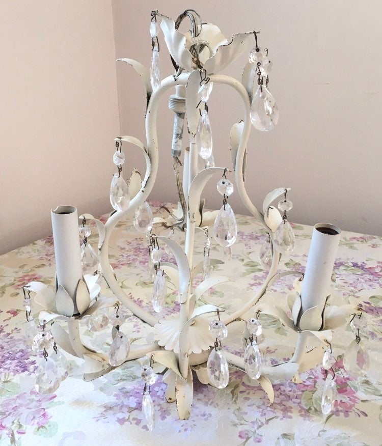 Vintage Spanish Ivory Chandelier 3-Arm Tole Style with Leaves and Crystals