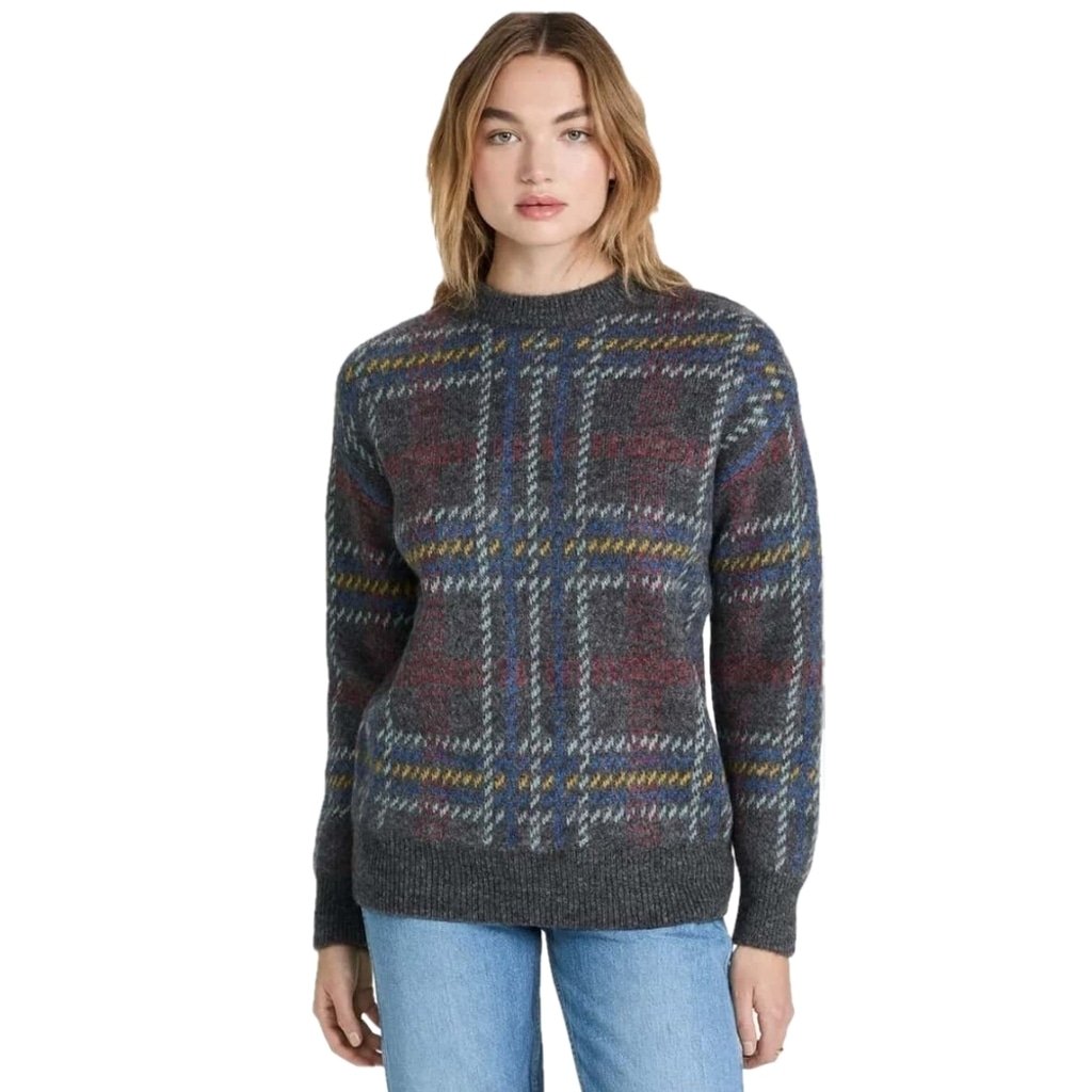 Re/Done Oversized 90s Crewneck Sweater Large Heather Grey Multi Plaid