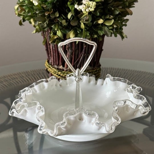 Fenton Silver Crest Ruffled Ribbon Rim Milk Glass Center Handle Candy Bowl 1970s